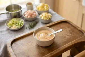 Пюре с пилешко месо, моркови и ябълка