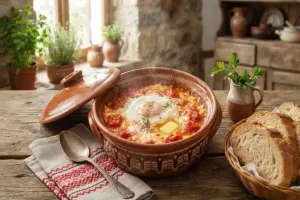 Сирене с домати и яйца в гювече