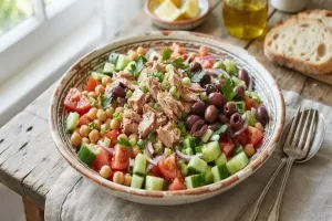 Голяма салата с риба тон (в собствен сос), нахут, маслини и червен лук